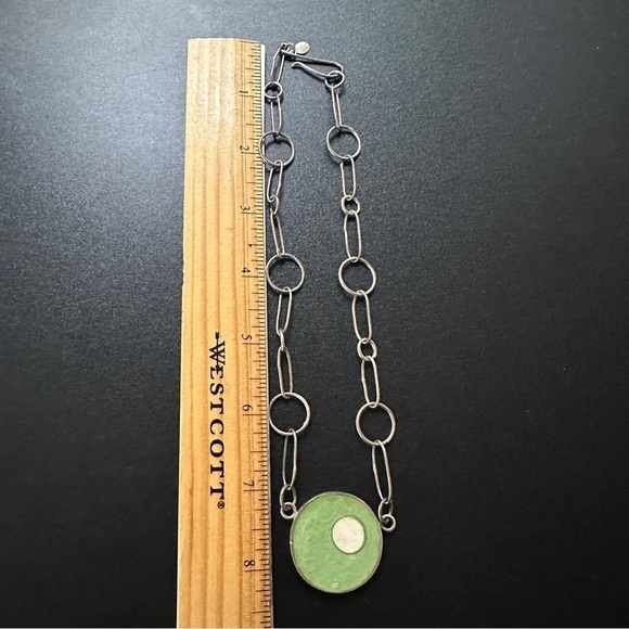 Handmade & Signed Sterling Silver Large Green & White Circle Necklace Vintage - Picture 5 of 14